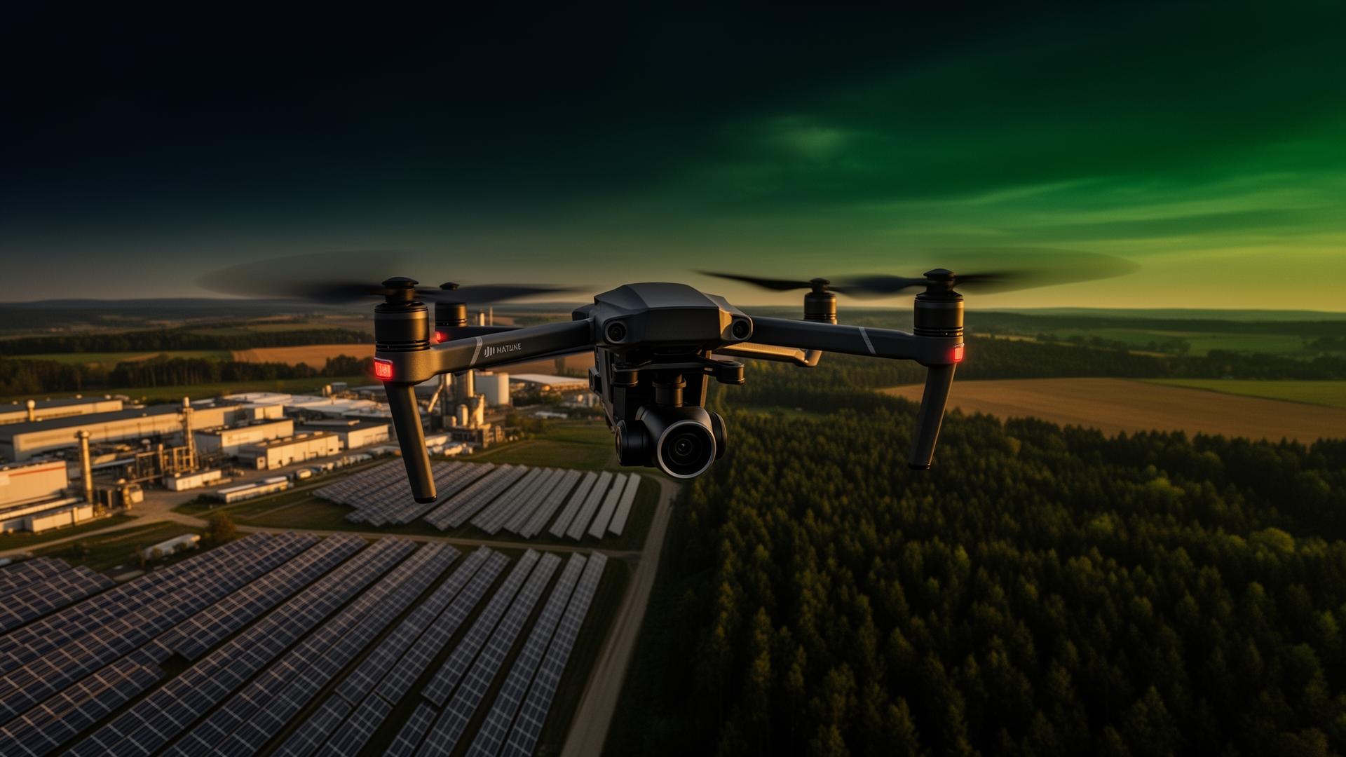Profesionální dron létající nad krajinou Moravskoslezského kraje s termovizní kamerou